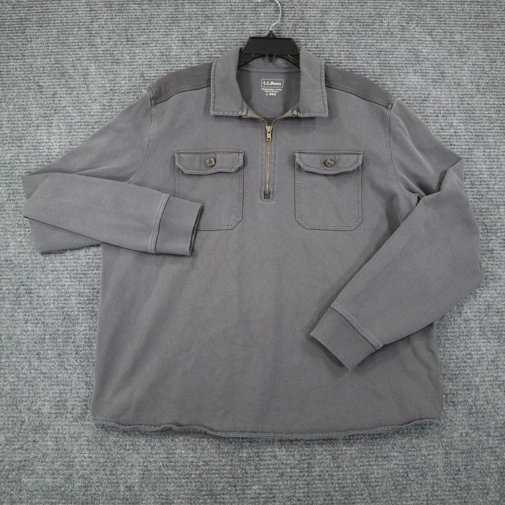 LL Bean Quarter Zip Pullover Mens L Gray Utility Pockets Outdoor Trail Hike